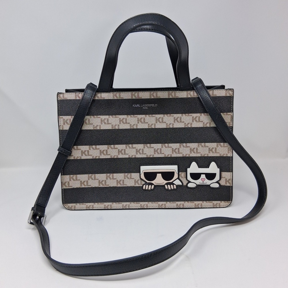 Karl Lagerfeld Paris Monogram Stripe Tote Bag Choupette Karl LH4DJ1DF Tan Black‎